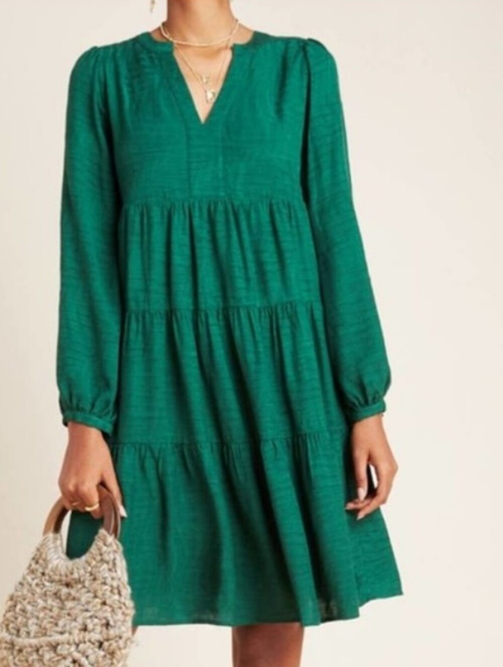 Anthropologie Maeve Deep Green Long-Sleeve Tiered V-Neck Dress Size M